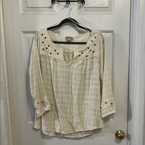 Lucky Brand Cream Boxy 3/4 Sleeve Bib Collar Blouse